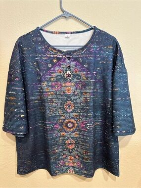 Women's Navy Floral Knit Henley Top—Size            M/L